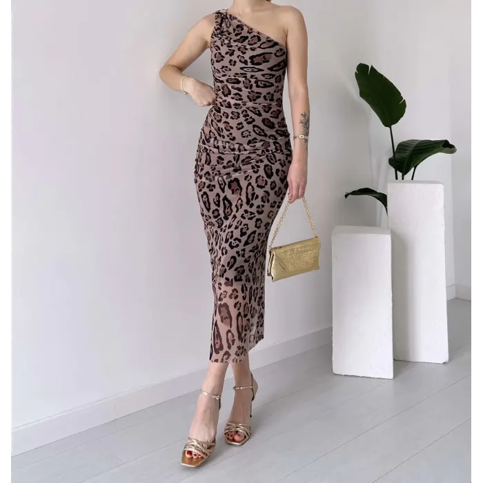 Downing Leopar Tek Askılı Tül Elbise