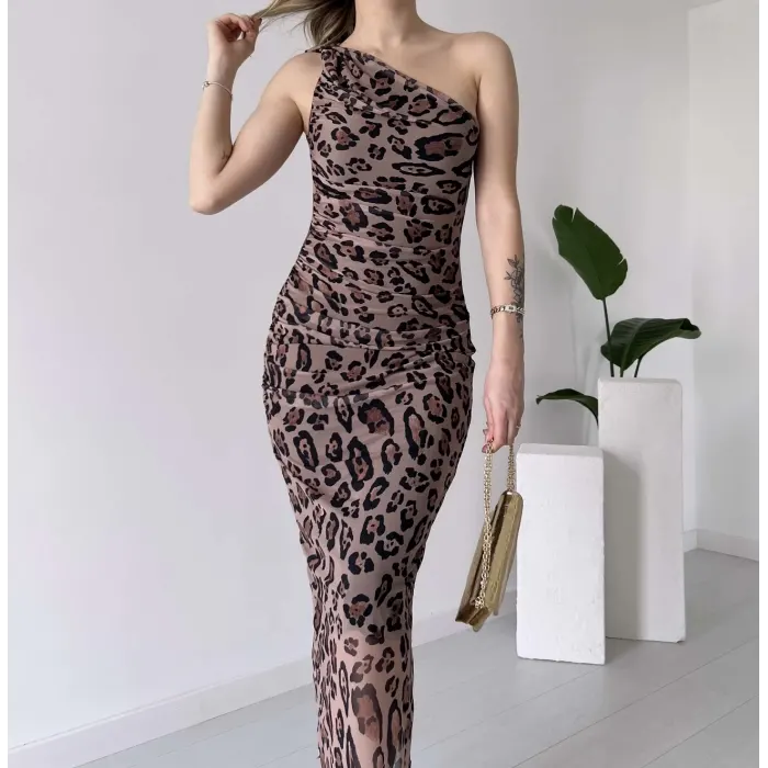 Downing Leopar Tek Askılı Tül Elbise