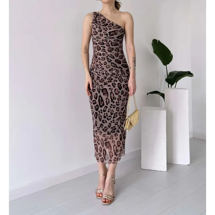 Downing Leopar Tek Askılı Tül Elbise