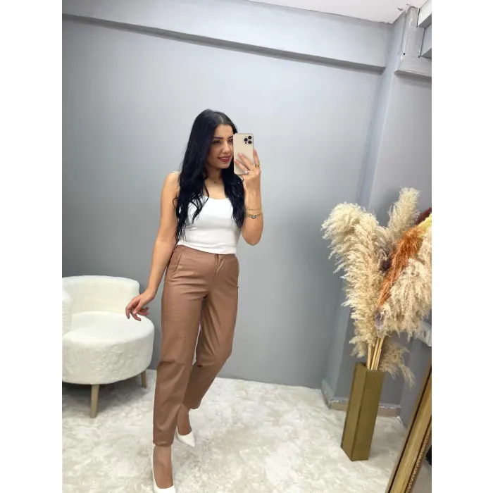 Felips Timsah Desen Yüksek Bel Deri Pantolon