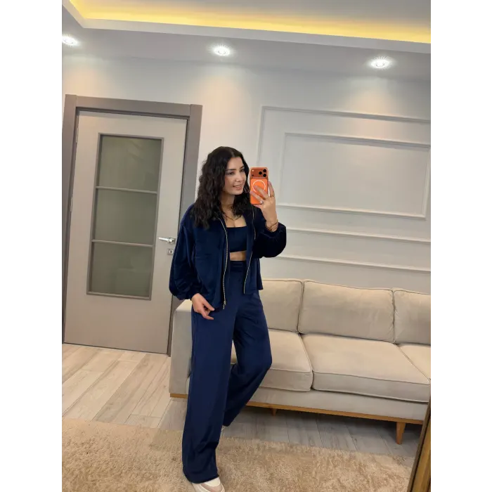 Fermuar Detaylı Kadife Üçlü Takım