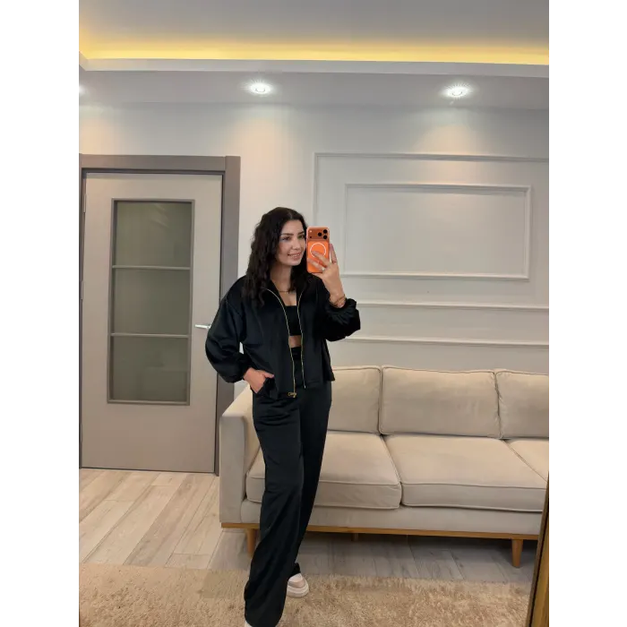 Fermuar Detaylı Kadife Üçlü Takım