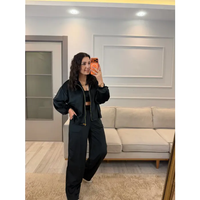 Fermuar Detaylı Kadife Üçlü Takım