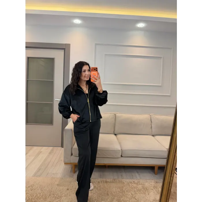 Fermuar Detaylı Kadife Üçlü Takım