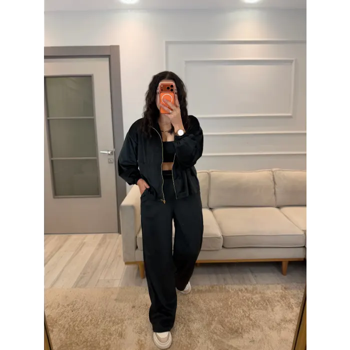 Fermuar Detaylı Kadife Üçlü Takım