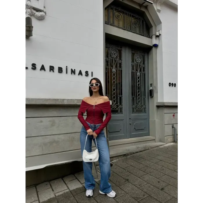 Fermuarlı Madonna Yaka Bluz