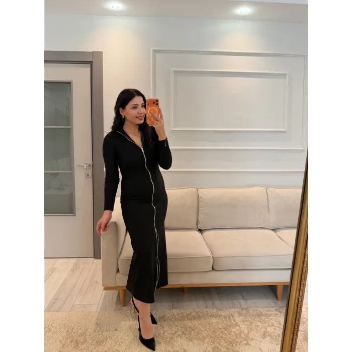 Fermuarlı Ottoman Kumaş Elbise