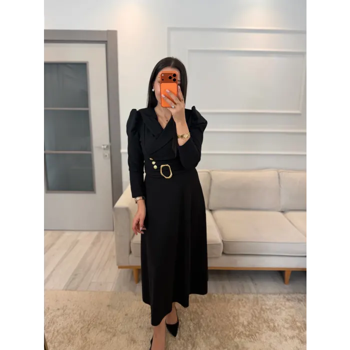 Gold Düğme Detaylı Kemerli Elbise