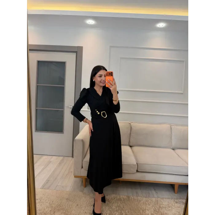 Gold Düğme Detaylı Kemerli Elbise