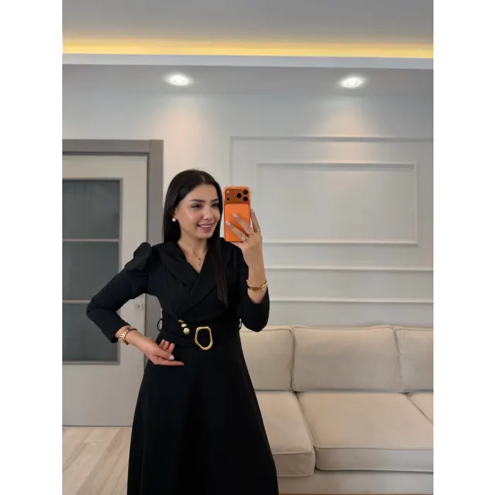 Gold Düğme Detaylı Kemerli Elbise