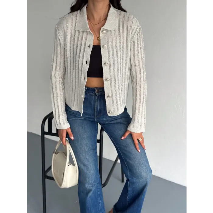 Gold Düğme Detaylı Simli Hırka