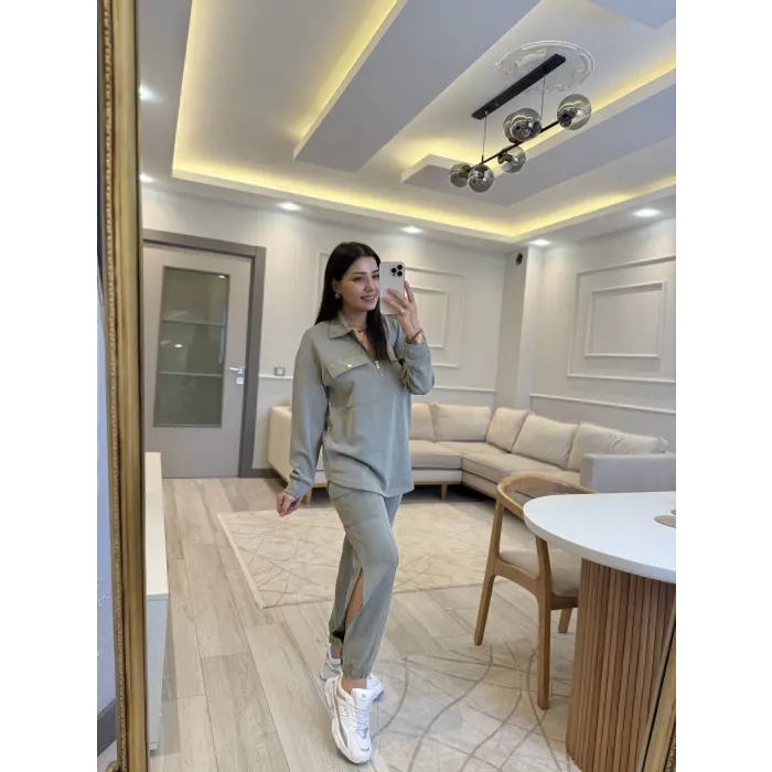 Gold Fermuar Detaylı Paça Yırtmaçlı Modal Takım