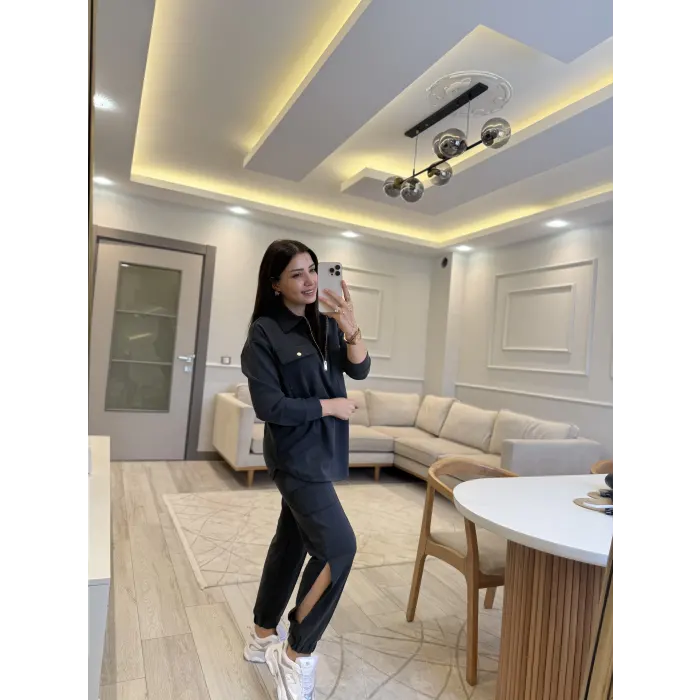 Gold Fermuar Detaylı Paça Yırtmaçlı Modal Takım