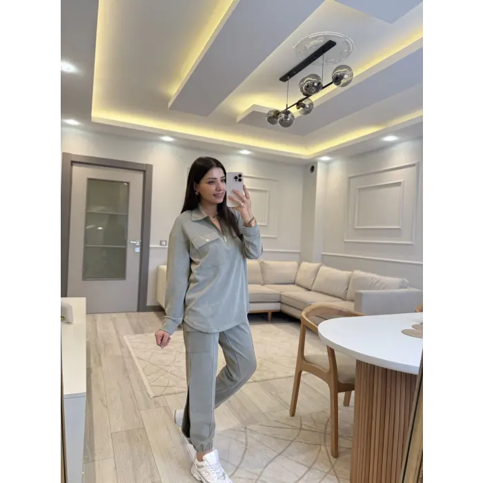 Gold Fermuar Detaylı Paça Yırtmaçlı Modal Takım