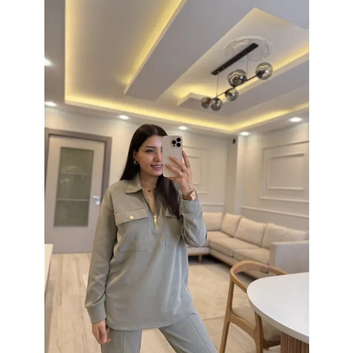 Gold Fermuar Detaylı Paça Yırtmaçlı Modal Takım