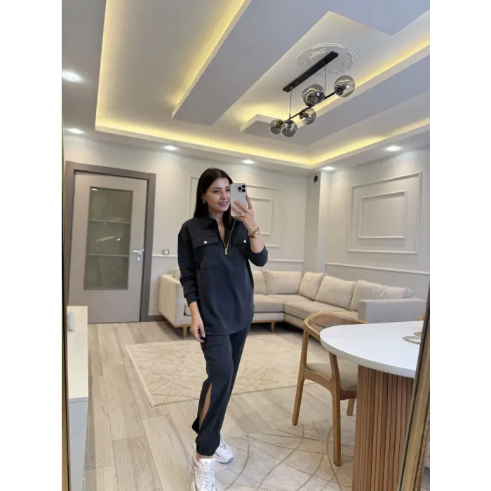 Gold Fermuar Detaylı Paça Yırtmaçlı Modal Takım