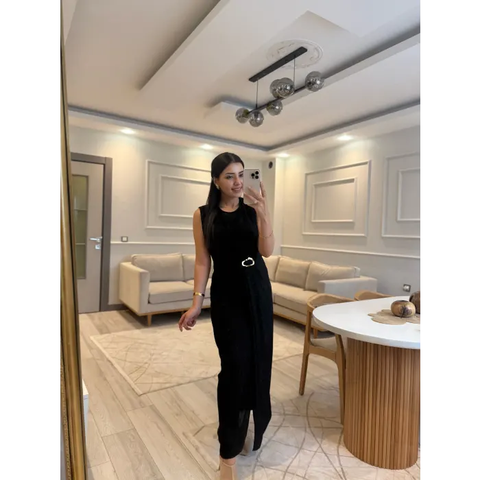 Gold Toka Detaylı Keten Elbise