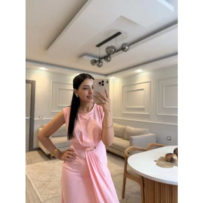 Gold Toka Detaylı Keten Elbise