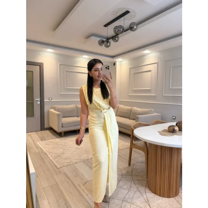 Gold Toka Detaylı Keten Elbise