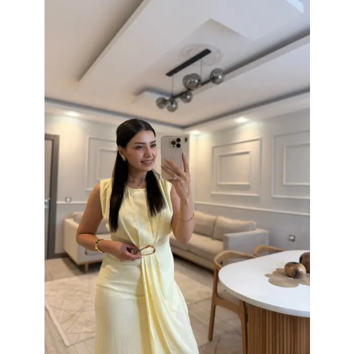 Gold Toka Detaylı Keten Elbise