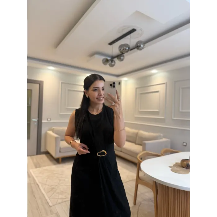 Gold Toka Detaylı Keten Elbise