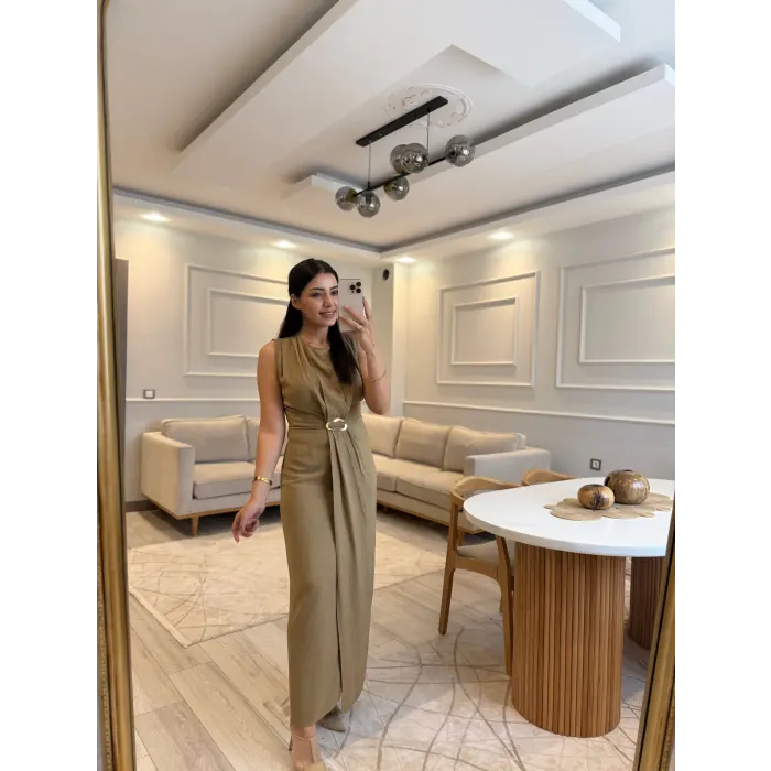 Gold Toka Detaylı Keten Elbise