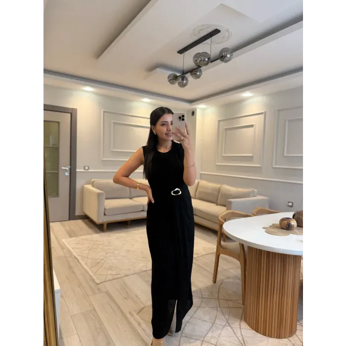 Gold Toka Detaylı Keten Elbise