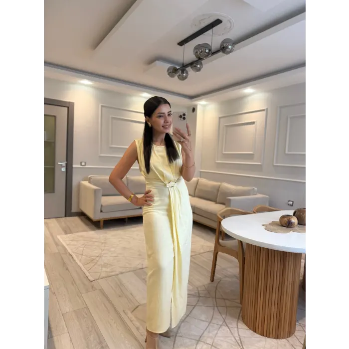 Gold Toka Detaylı Keten Elbise