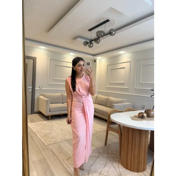 Gold Toka Detaylı Keten Elbise