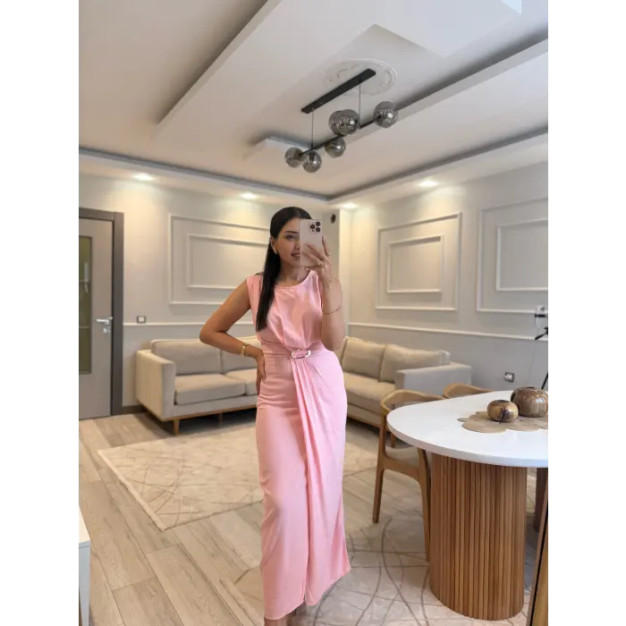 Gold Toka Detaylı Keten Elbise