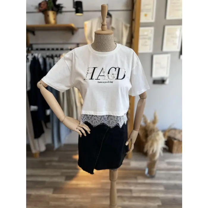 Good Taşlı Dantelli Tasarım T-Shirt