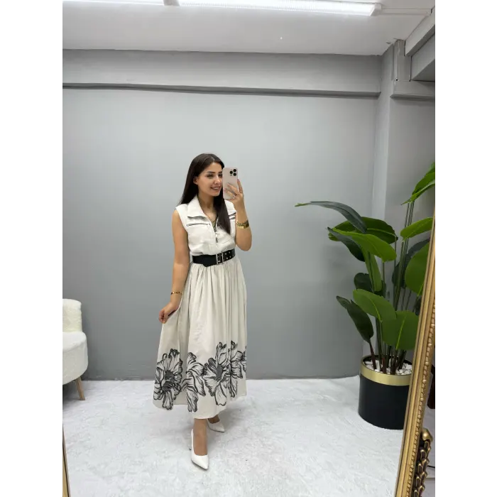 Ham Keten Kemer Detaylı Tasarım Elbise