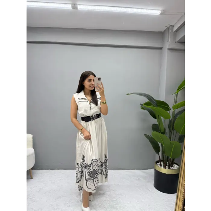 Ham Keten Kemer Detaylı Tasarım Elbise