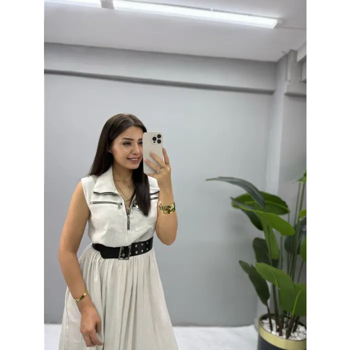 Ham Keten Kemer Detaylı Tasarım Elbise