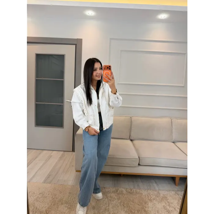 Harem Zımba Detaylı Denim Ceket