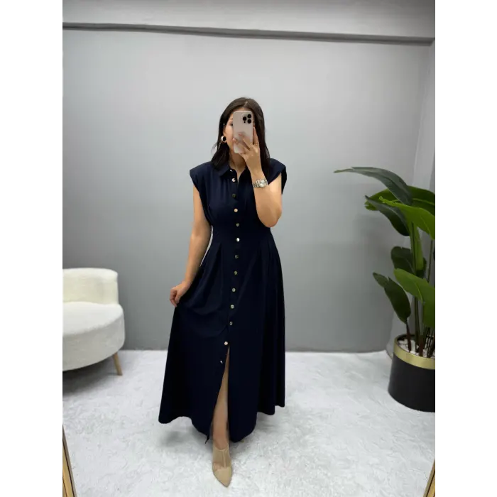 Jene Boydan Düğmeli Pileli Elbise