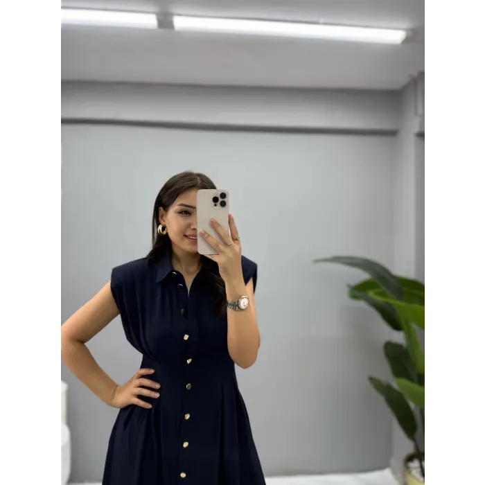 Jene Boydan Düğmeli Pileli Elbise