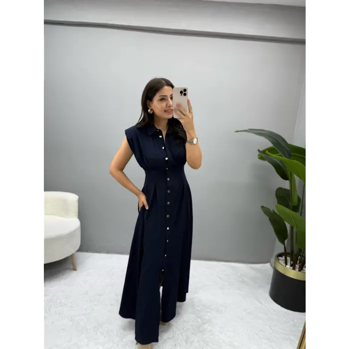 Jene Boydan Düğmeli Pileli Elbise