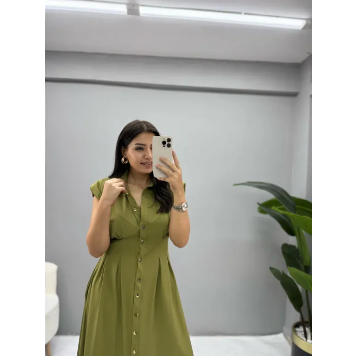 Jene Boydan Düğmeli Pileli Elbise