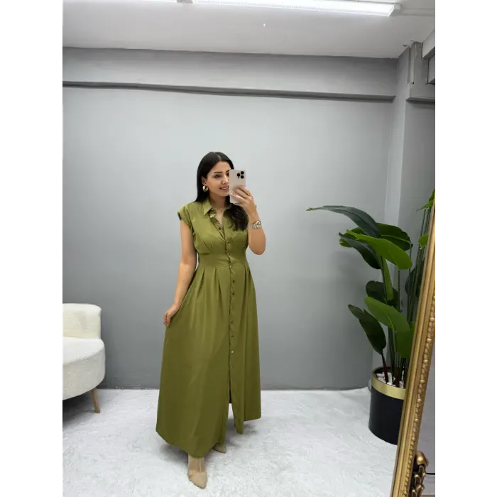 Jene Boydan Düğmeli Pileli Elbise