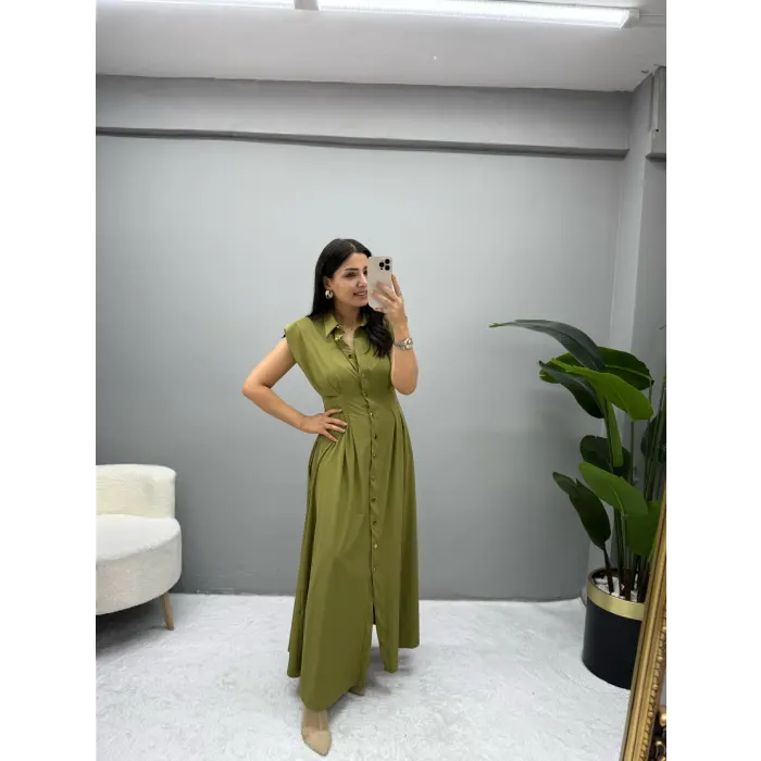 Jene Boydan Düğmeli Pileli Elbise