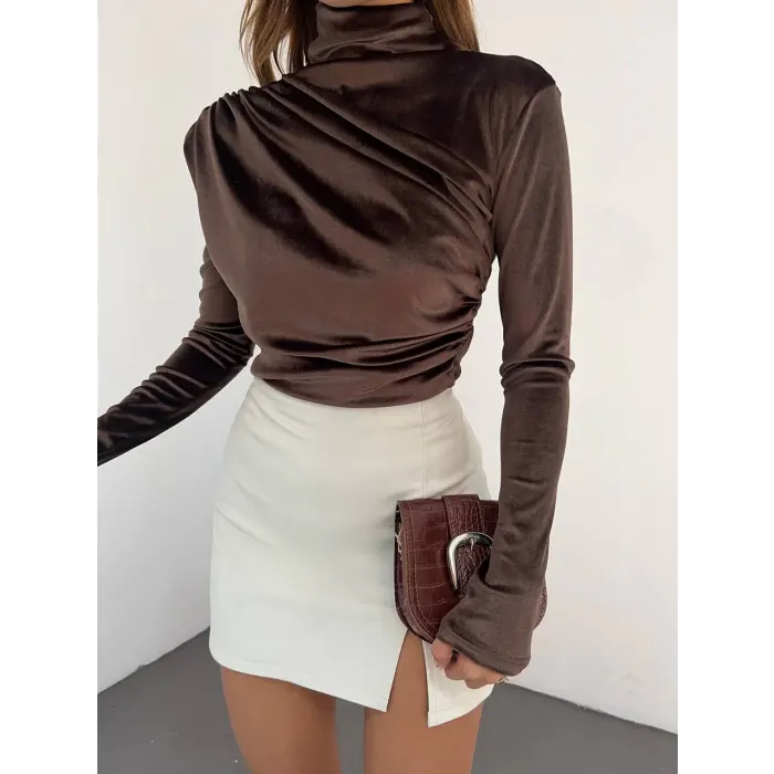 Kadife Bel Ve Omuz Pile Bluz