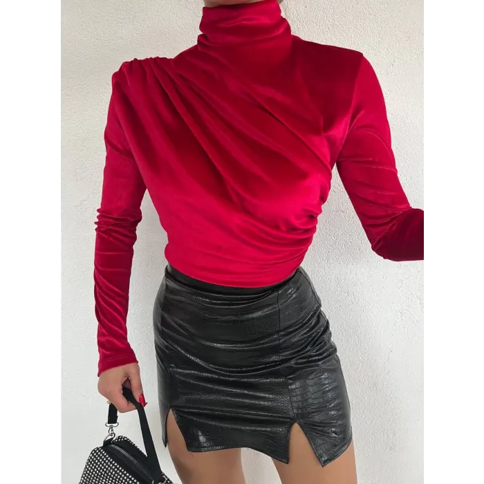 Kadife Bel Ve Omuz Pile Bluz