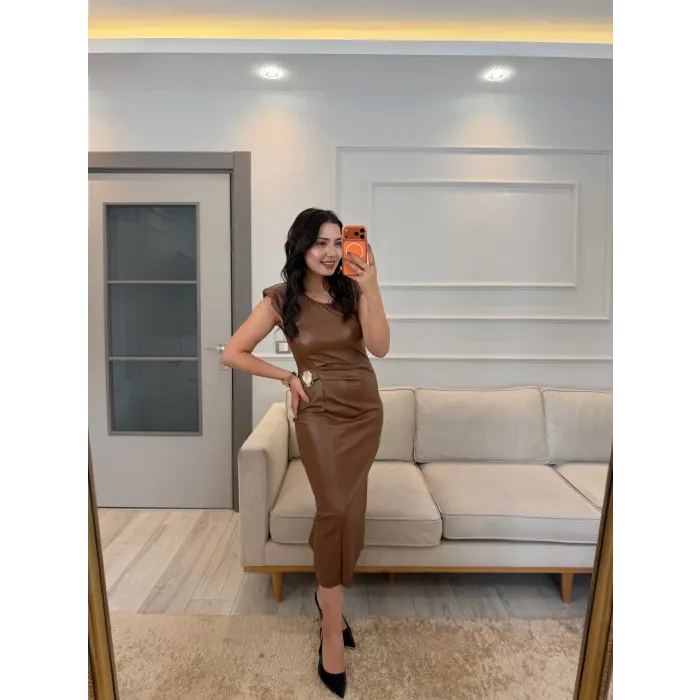 Kadife Deri Pileli Elbise