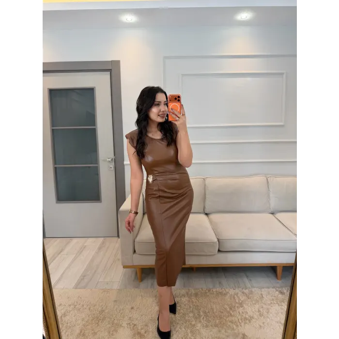 Kadife Deri Pileli Elbise