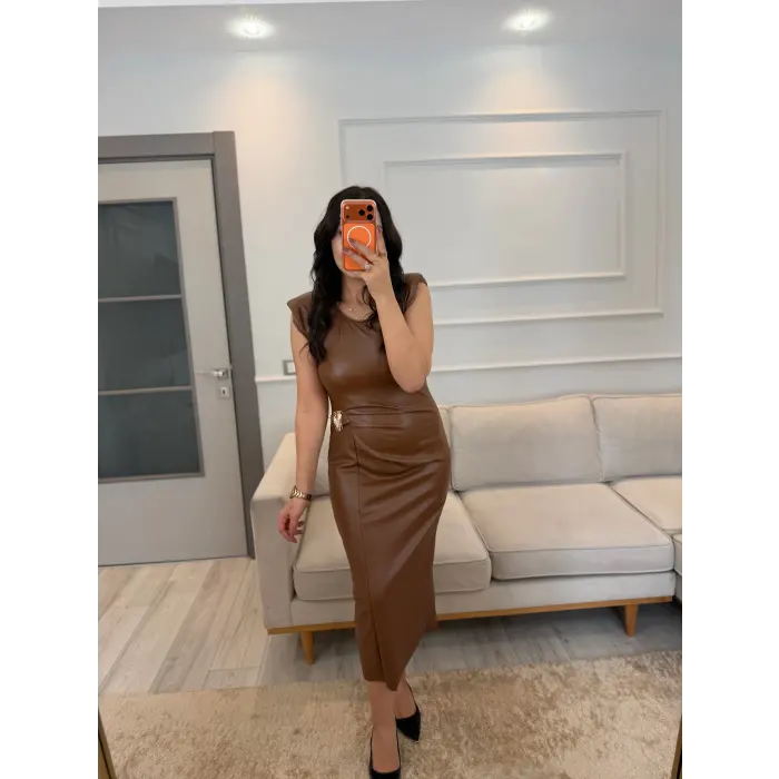 Kadife Deri Pileli Elbise