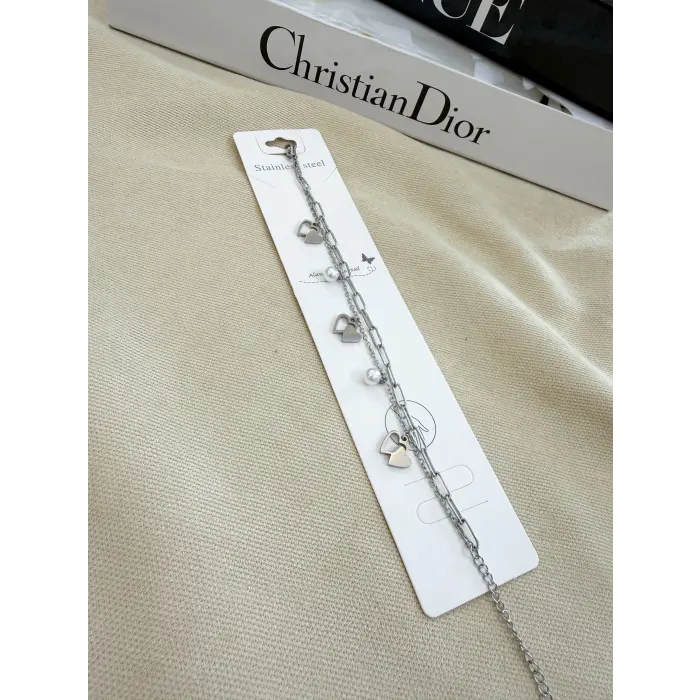 Kalp Figürlü İnci Taş Çelik Bileklik