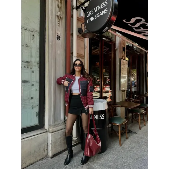 Kapitone Denim Detaylı Bomber Mont