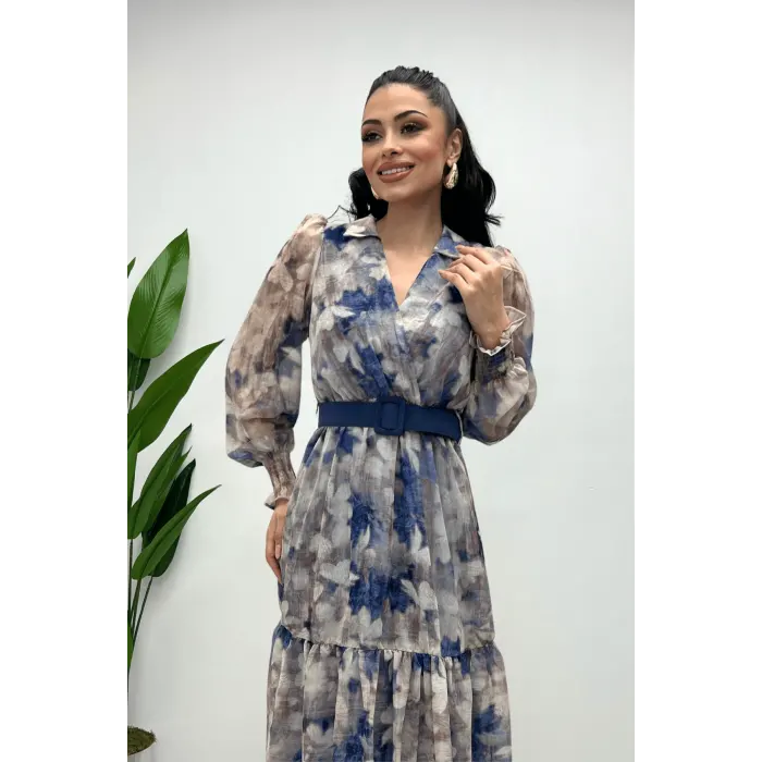 Karem Desenli Kemerli Şifon Elbise