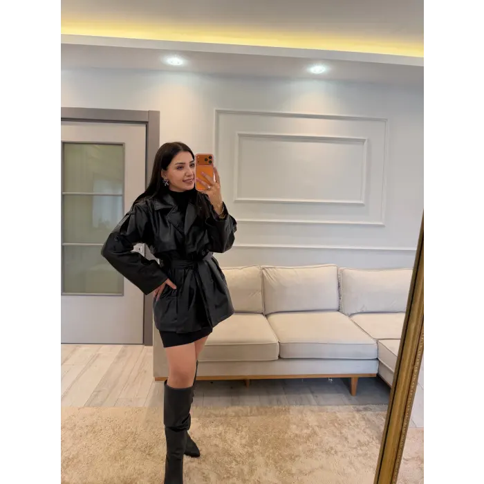 Kemerli Deri Trençkot